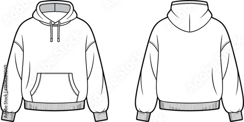 Oversized pullover hoodie technical fashion flat sketch, drop shoulder sweatshirt with kangaroo pocket, front and back view, cad drawing flat vector