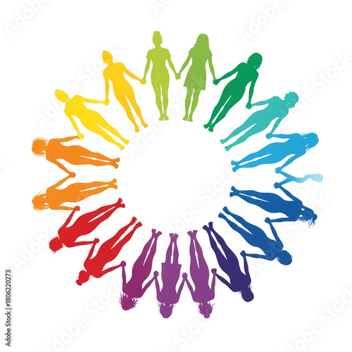 Colorful silhouettes of women holding hands in a circle design on transparent background