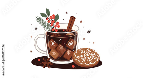 Festive illustration of a cozy winter holiday drink, garnished with cinnamon, star anise, red berries, and pine, served in a glass mug with a gingerbread snowflake cookie.