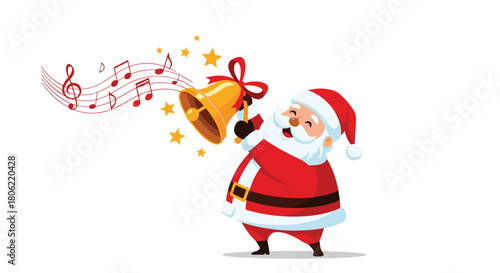 Jolly Santa Claus cheerfully rings a golden bell, surrounded by musical notes and sparkling stars, embodying the festive spirit of Christmas with a happy expression.