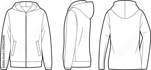 Full zip hoodie technical fashion flat sketch, front back and side view, welt pockets, long sleeve jacket, cad drawing flat vector