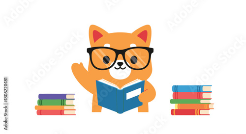 A cute cartoon shiba inu dog wearing glasses is happily reading an open book, surrounded by stacks of colorful books, symbolizing learning and intelligence.