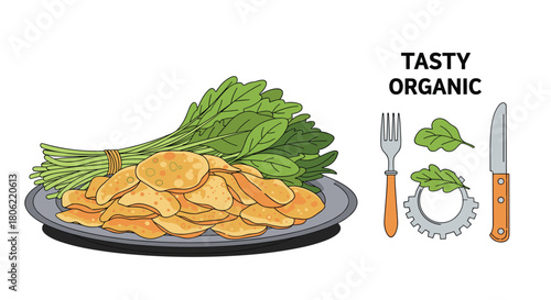 A plate filled with organic flatbread or chips served alongside a fresh bunch of green leafy vegetables, emphasizing a tasty and natural meal choice.