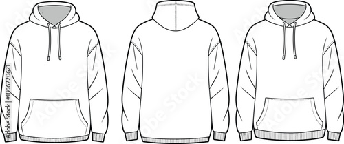 Oversized pullover hoodie technical fashion flat sketch, drop shoulder sweatshirt, kangaroo pocket, front back and side view, cad drawing flat vector