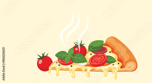 A mouthwatering, hot pizza slice with deliciously melted cheese dripping, adorned with fresh basil leaves and ripe red tomatoes on a light background.