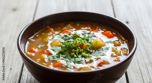 Fototapeta Naklejka Na Ścianę i Meble -  Hearty vegetable stew garnished with fresh herbs in a brown bowl