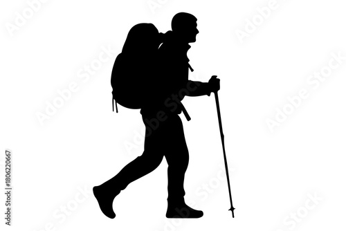 Silhouette of a male hiker with a large backpack and trekking poles walking against a white background