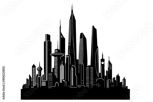 Stylized white line art cityscape silhouette of futuristic skyscrapers against a solid black background creating a modern urban landscape