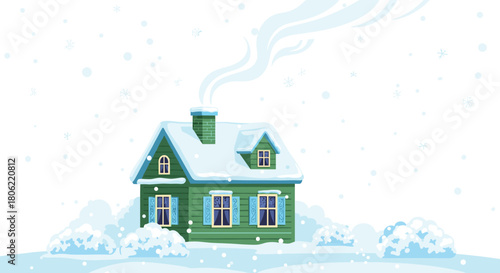 A charming green house nestled in a serene winter wonderland, with snow-covered roofs and bushes, and a wisp of smoke rising from its chimney on a calm snowy day.