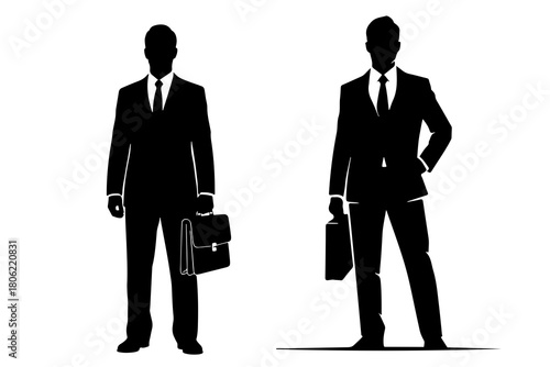Two black silhouettes of businessmen in suits holding briefcases against a white background