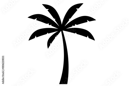 A simple black silhouette of a tropical palm tree with a curved trunk and large fronds against a white background