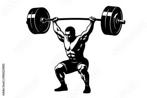 Muscular athlete performing a heavy barbell squat exercise with weights overhead in a dynamic black and white illustration
