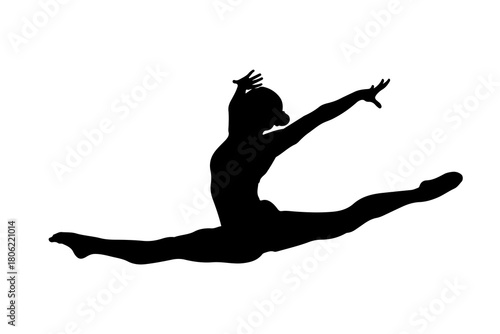 Dynamic black silhouette of a female gymnast performing a split leap with arms extended gracefully against a white background