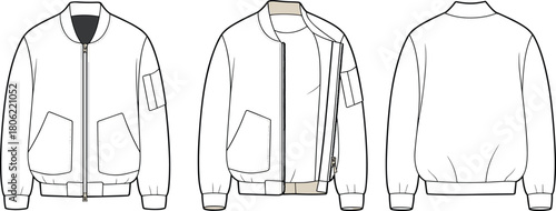 Zip up bomber jacket technical fashion flat sketch, front open and back view, sleeve pocket, cad drawing flat vector