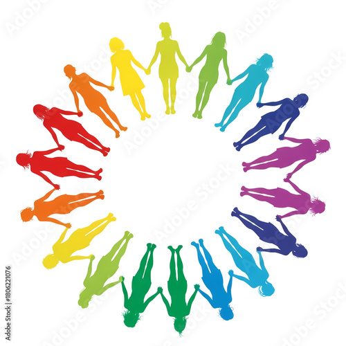 Colorful silhouettes of women holding hands in a circle on transparent background