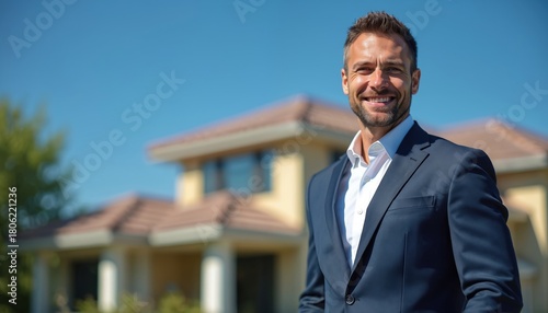 Wallpaper Mural Man in suit stands by modern luxury house under blue sky. Smiling realtor offers property for sale. Real estate business success and lifestyle. Torontodigital.ca