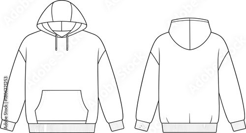 Drop shoulder hoodie technical drawing, front and back view, fashion flat sketch, vector illustration, oversized sportswear mockup, cad drawing flat vector