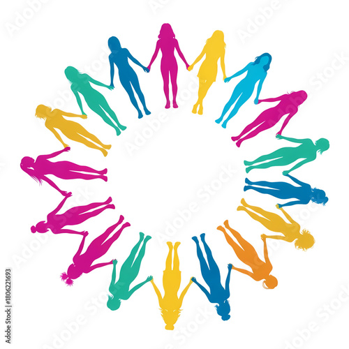 Colorful silhouettes of women holding hands in a circle symbolize unity and support on transparent background