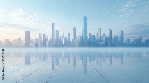 Modern architecture, city skyline, and technology grid background