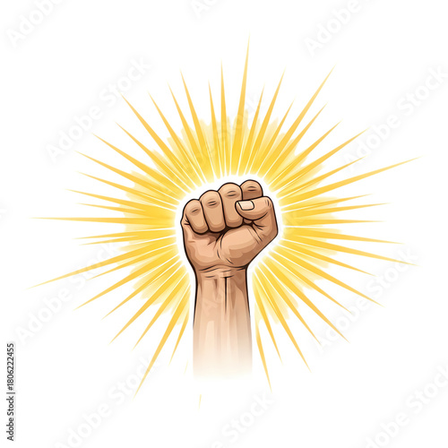 Raised fist with radiating light symbolizes power resistance and solidarity movement on transparent background