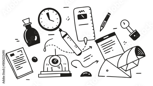 Vector Doodle Illustration of Essential Business Office Supplies and Workflow Tools