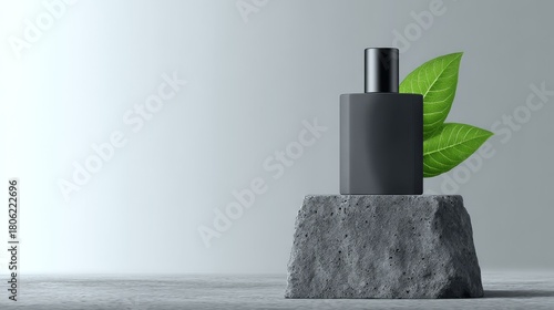 A sleek black perfume bottle displayed on a textured stone with fresh green leaves, elegant presentation.