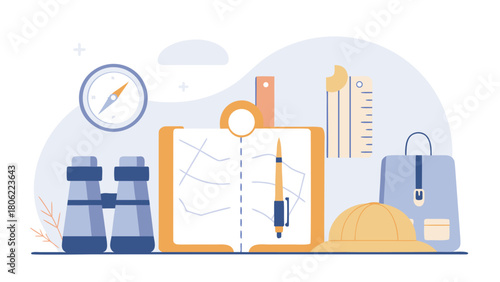 Essential travel and exploration equipment vector illustration