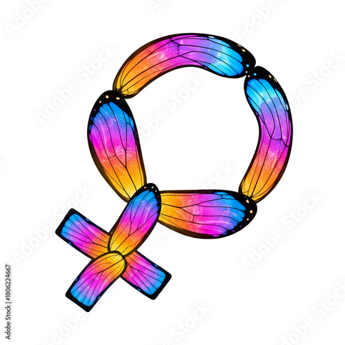 Feminine symbol composed of colorful butterfly wings design on transparent background