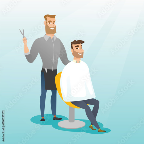 barber giving haircut to stylish man at barbershop professional hairdresser styling