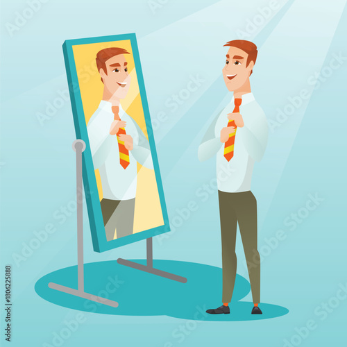Businessman adjusting tie in front of mirror man looking at himself checking appearance