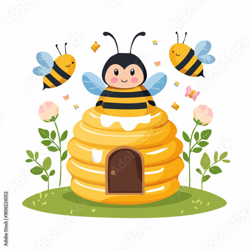 Cute cartoon bees flying around a beehive illustration on a green meadow with flowers