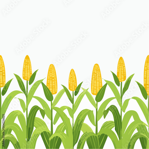 Vibrant illustration of a bountiful cornfield border, showcasing ripe yellow maize cobs amidst lush green leaves, perfect for harvest season designs and agricultural themes