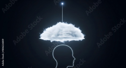 Fototapeta Naklejka Na Ścianę i Meble -  Digital illustration of a neon glowing human head outline with a luminous cloud floating above, symbolizing connection, inspiration, or cloud computing on a dark background.