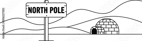 North Pole Christmas Landscape Outline Vector: Minimalist Black and White Scene of Snowy Mountains and Northern Lights for Winter Holidays