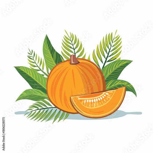 Delicious Orange Pumpkin and Melon Illustration with Green Tropical Foliage for Food and Design