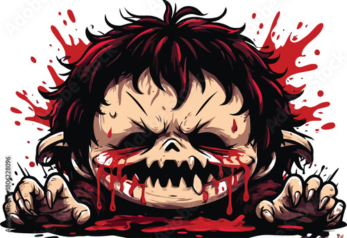 Creepy cartoon zombie child with blood splatters and sharp teeth