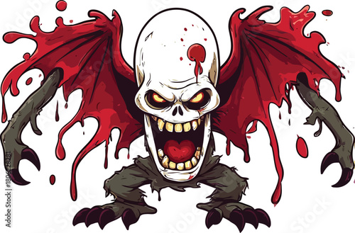 Scary monster with bat wings and sharp teeth dripping blood