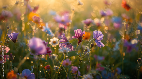 A vibrant macro photograph of colorful wildflowers covered in dewdrops, illuminated by warm golden sunlight. Sharp details in the foreground and a soft blurred background create a serene, natural 