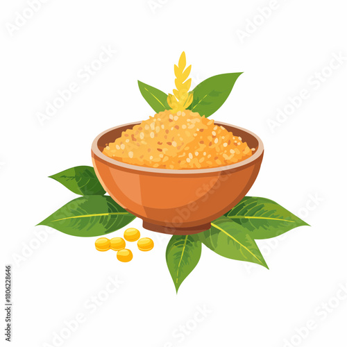 A bowl of wholesome grains, rich in nutrients and natural goodness, adorned with fresh green leaves and a golden wheat stalk