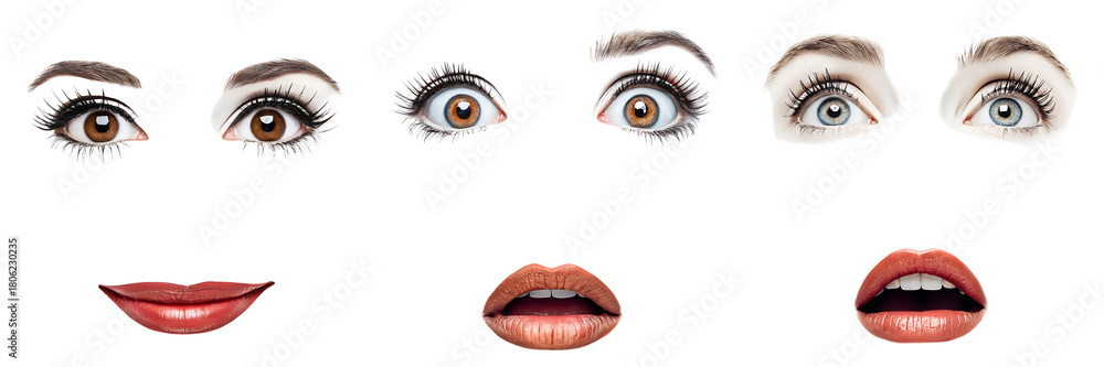 Obraz premium Set of a brown eye with long eyelashes with mouth isolated on a transparent background