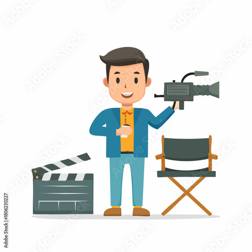 Film director holding a coffee cup and camera with clapperboard and director chair