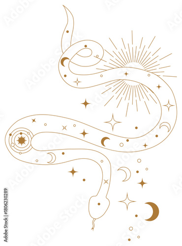Esoteric geometric snake tattoo vector inspired by Kundalini energy and spiritual awakening. Line art composition of mystical symmetry enlightenment and divine connection.