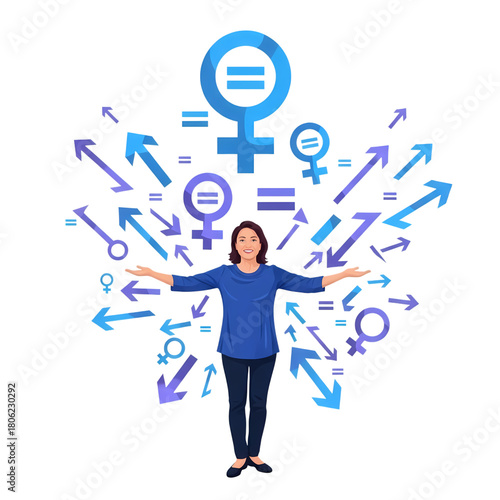 Empowered woman stands amidst symbols of gender equality and directional arrows graphic art on transparent background