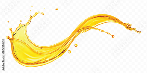 abstract smooth liquid oil splashing with droplets in curve style isolated on white background	
