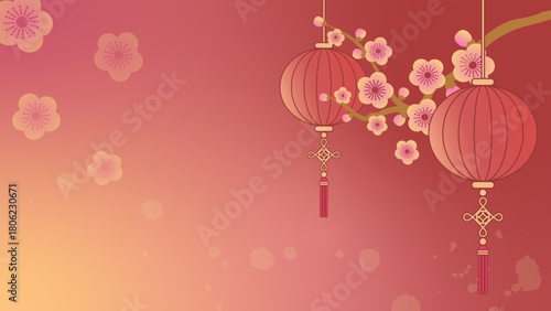 Chinese Lantern and  Plum Blossom Banner. Lunar New Year Background. Chinoiserie red wallpaper.