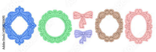 Set of colorful abstract princess frames and retro mirrors. Vintage photo borders and decorative shapes in pastel tones. Modern flat vector illustration on dark background.