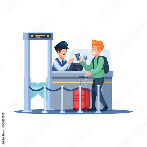 Airport Immigration Checkpoint. Traveler with Passport  Illustration Vector