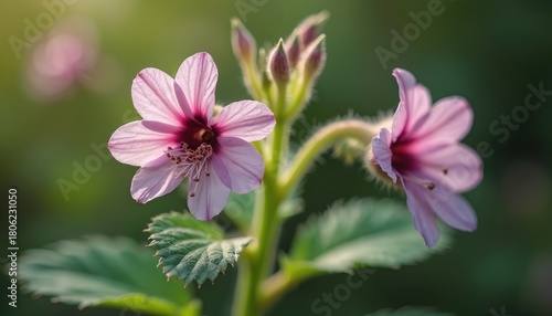 Close-up photo of Althaea officinalis. Pink delicate flowers blossom. Marshmallow plant blooms in sunlight. Herbal medicine concept shows natural healing with floral elements.