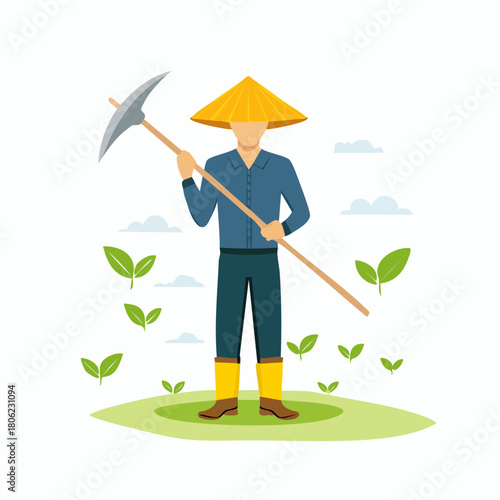 A flat vector illustration of an Asian farmer in a traditional conical hat holding a hoe, representing agriculture and a rural lifestyle