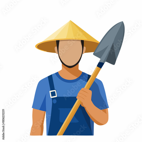 Farmer in a conical hat holding a shovel, ready for agricultural work